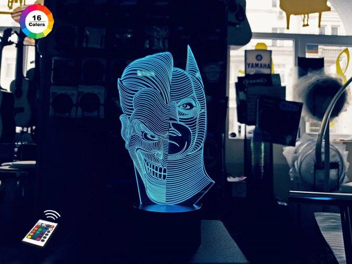 3D нічник "Джокер/Бетмен" (ВОЛІЧНЕ ЗОБРАЖЕННЯ) + пульт ДК + мережевий адаптер + батарейки (3ААА) 3DTOYSLAMP, фото 1