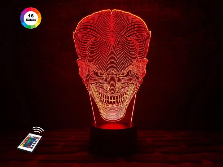 3D нічник "Джокер" (ВОЛІЧНЕ ЗОБРАЖЕННЯ) + пульт ДК + мережевий адаптер + батарейки (3ААА) 3DTOYSLAMP, фото 1