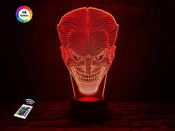 3D нічник "Джокер" (ВОЛІЧНЕ ЗОБРАЖЕННЯ) + пульт ДК + мережевий адаптер + батарейки (3ААА)  3DTOYSLAMP