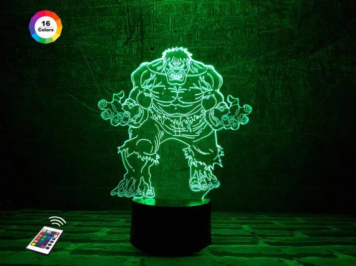 3D нічник "Халк" (ВОЛІЧНЕ ЗОБРАЖЕННЯ) + пульт ДК + мережевий адаптер + батарейки (3ААА) 3DTOYSLAMP, фото 1