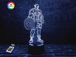 3D-нічник "Капітан Америка 1" (ВОЛІЧНЕ ЗОБРАЖЕННЯ) +пульт ДК + мережевий адаптер +батарейки (3 ААА)  3DTOYSLAMP