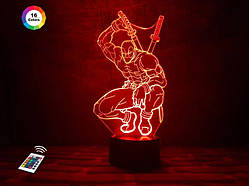 3D нічник "Дедпул" (ВОЛІЧНЕ ЗОБРАЖЕННЯ) + пульт ДК + мережевий адаптер + батарейки (3ААА)  3DTOYSLAMP