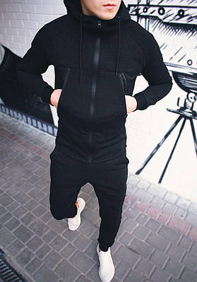 Спортивний костюм чоловічий утеплений на флісі чорний, весна-осінь, кофта з капюшоном Розміри: S, M, L, XL