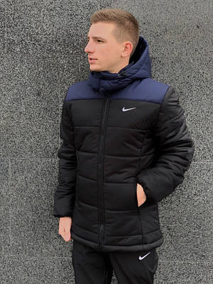 Зимова куртка чоловіча чорна із синім, тепла з капюшоном, пух "Європейка" Розміри: S, M, L, XL, XXL