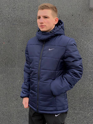Зимова чоловіча куртка синя тепла з капюшоном пух "Європейка" Розміри: S, M, L, XL, XXL