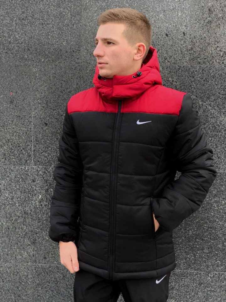 Зимова чоловіча куртка чорна з червоним теплим капюшоном пух Європи Розміри: S, M, L, XL, XXL