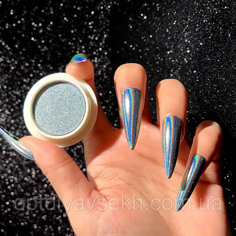 Голографічна втирка "Призма" Laser Powder для нігтів, лазерне срібло, 2 г., фото 1