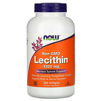 Лецитин соєвий Now Foods Lecithin 1200 мг фосфатидил холін для нервової системи без ГМО 200 м'яких капсул