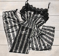 Піжама-трійка майка + шорти + штани в смужку мармуровий велюр.