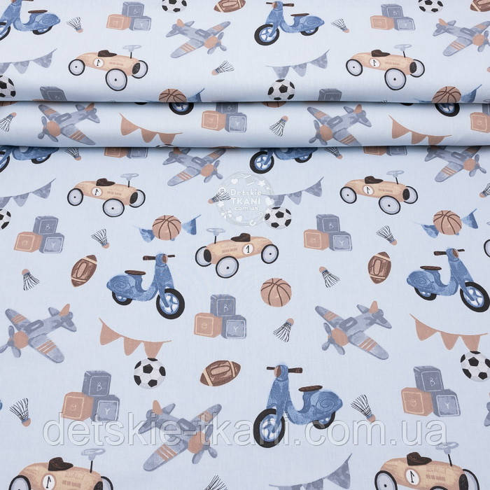 Ранфорс шириною 240 см "Дитячі іграшки в стилі ретро" синьо-бежеві на блакитному (№3844), фото 1