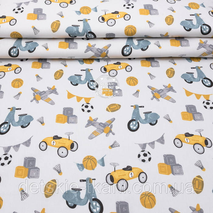 Ранфорс шириною 240 см "Дитячі іграшки в стилі ретро" жовті на блідо-сірому (№3845), фото 1