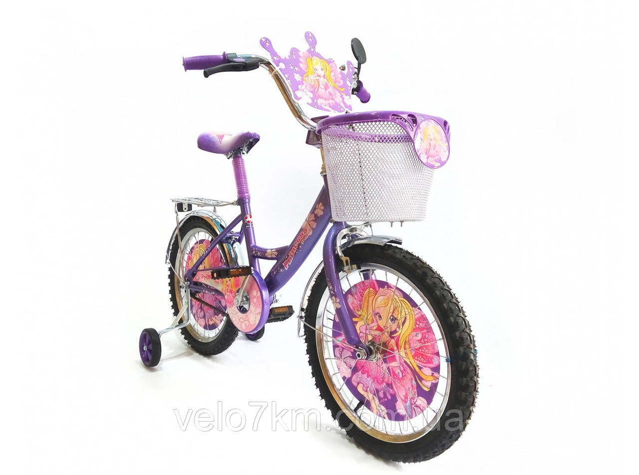 Детский двухколесный велосипед Azimut Принцесса Princess 18"  с корзинкой,дополнительными колесами ФИОЛЕТОВЫЙ