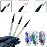 Набір тонких пензлів з блискітками для розпису і дизайну нігтів, 3шт./уп., фото 5