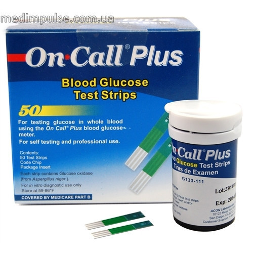 Тест-смужки On-Call Plus 50 шт. у 2 флаконах по 25 шт. для визначення глюкози в крові глюкометром він-кол