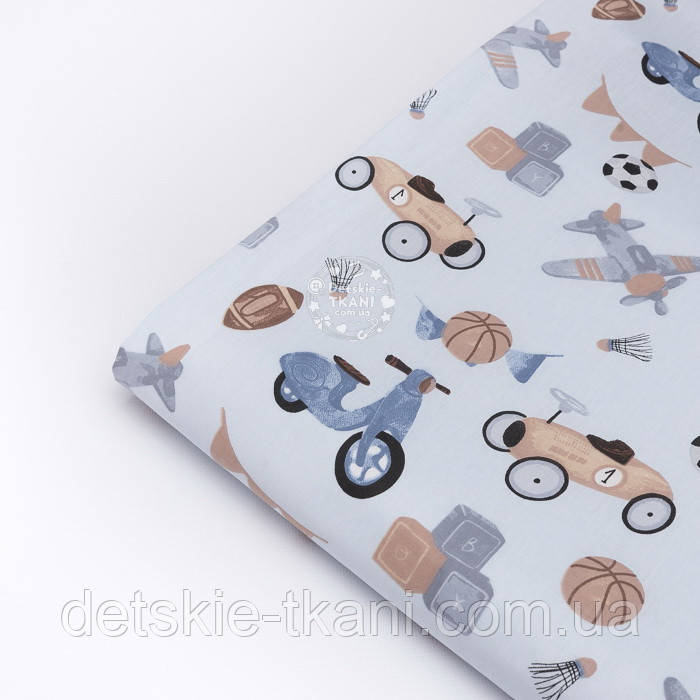 Клапоть ранфорсу "Дитячі іграшки в стилі ретро" синьо-бежеві на блакитному (№3844), розмір 26*240 см, фото 1