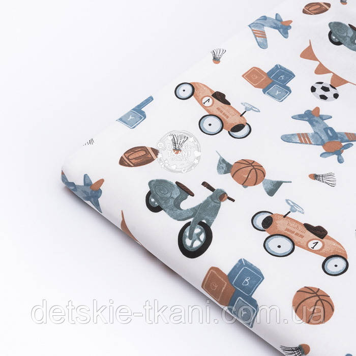 Клапоть ранфорсу "Дитячі іграшки в стилі ретро" синьо-зелені на білому (№3846), розмір 21*240 см, фото 1