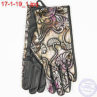 Женские стильные перчатки из эко кожи для сенсорных телефонов с красивым цветным узором - №17-1-19