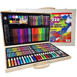 Художній набір для малювання 220 предметів в дерев'яній валізці з фломастерами олівці крейда фарби