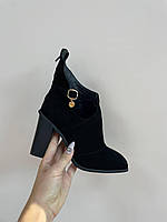 Эксклюзивные женские ботильоны замшевые черного цвета. Черные ботинки деми из натуральной замши
