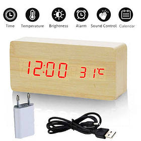 Годинник електронний настільний в дерев'яному корпусі VST-862 бежевий (червона підсвітка)