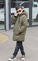 Стильная подростковая двухсторонняя куртка с капюшоном весна-осень олива, 158-164