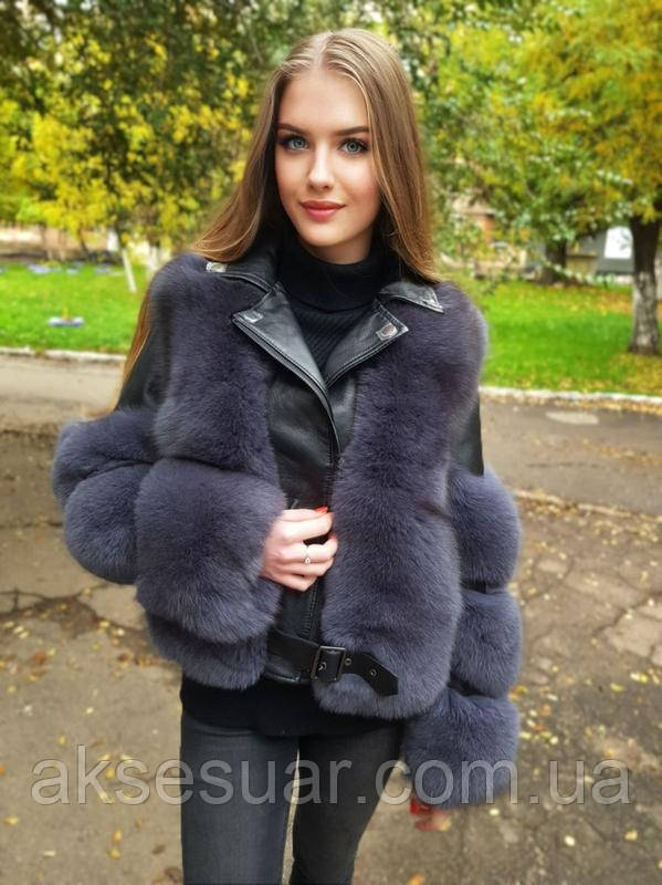 Розкішна шкіряна куртка-косуха з натуральним хутром фінської песця, фото 1