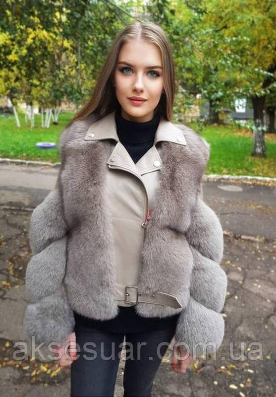 Розкішна шкіряна куртка-косуха з натуральним хутром фінської песця, фото 1