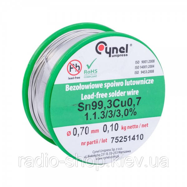 Дротовий припій Cynel SN99C-0.7/0.1 Sn99,3Cu0,7 0,7 мм 100 гр, фото 1