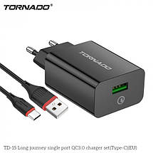 Мережевий зарядний пристрій Tornado TD-15 (1USB/QC3.0/1 м) + USB-кабель Type-C чорний, фото 3