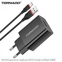 Мережевий зарядний пристрій Tornado TD-15 (1USB/QC3.0/1 м) + USB-кабель Type-C чорний, фото 2