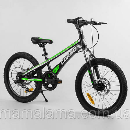 Велосипед на 115-130 см спортивний, 20 дюймів, Чорно-салатовий, магнієва рама, 7 швидкостей, CORSO MG-74290, фото 2