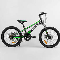 Велосипед на 115-130 см спортивний, 20 дюймів, Чорно-салатовий, магнієва рама, 7 швидкостей, CORSO MG-74290, фото 3