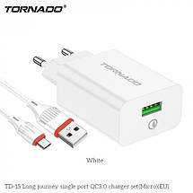 Мережевий зарядний пристрій Tornado TD-15 (1USB QC3.0 1м) + USB кабель micro - білий, фото 5