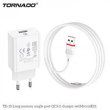 Мережевий зарядний пристрій Tornado TD-15 (1USB QC3.0 1м) + USB кабель micro - білий, фото 4