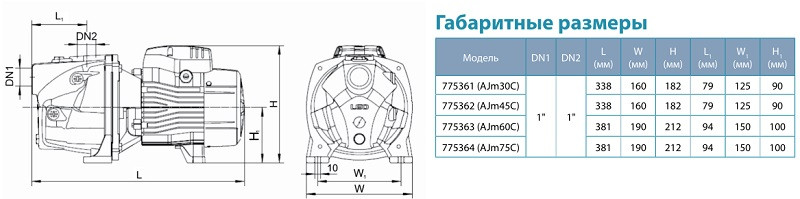 Насос поверхностный центробежный самовсасывающий Leo 3.0 AJm60C 0.6кВт Hmax 43м Qmax 47л/мин - фото 5 - id-p225310223