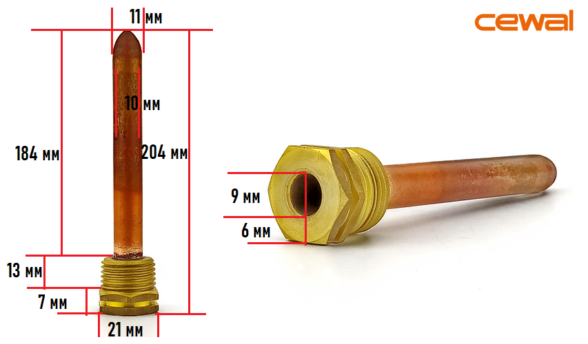 Купить Погружная гильза медная для датчика температуры 1/2", 10х11мм, L ...