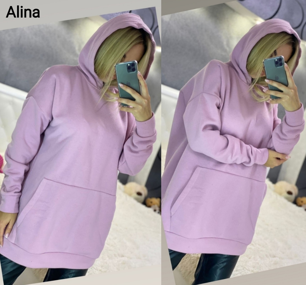 Женская удлиненная толстовка OVERSIZE из трехнитки на флисе