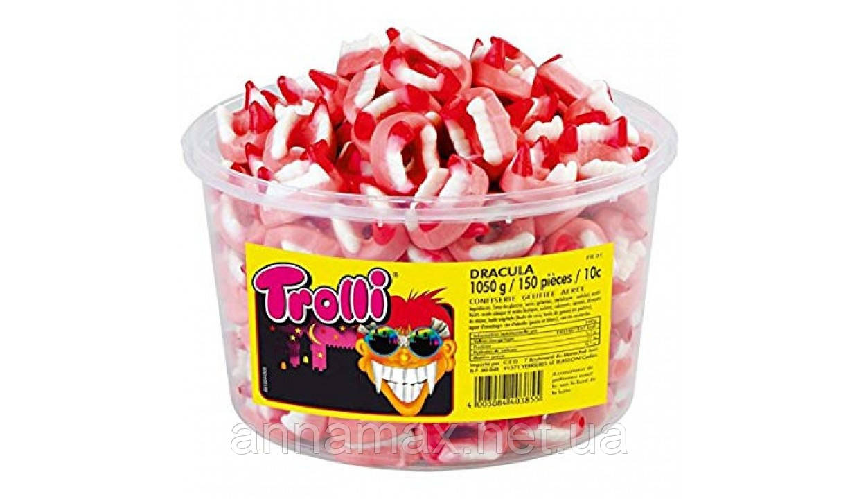 Желейні цукерки Trolli "Дракула" (зуби) в контейнері 150 шт: Яскравий смак у кожному шматочку