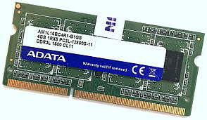 Оперативна пам'ять для ноутбука Adata SODIMM DDR3L 4Gb 1600MHz 12800S 1Rx8 CL11 (AM1L16BC4R1-B1GS) Б/В