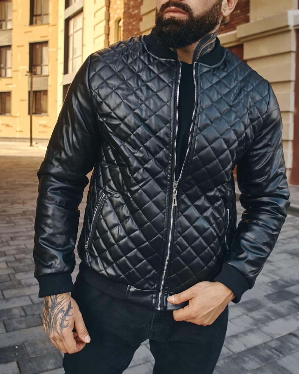 Чоловіча стьобана куртка бомбер шкіра осінь/весна, фото 1