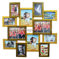 Дерев'яна мультирамка на 12 фото "Руноко Подорож" - Подвійне Золото (фоторамка колаж 70 х 70 см)