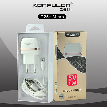 Мережевий зарядний пристрій Konfulon (KFL-C25) 2в1 5V / 1A + USB кабель micro - білий, фото 1