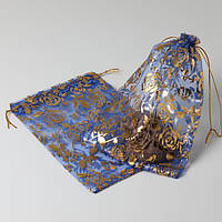 Мішечки подарункові 19х13 см 10 шт органза сині золота троянда