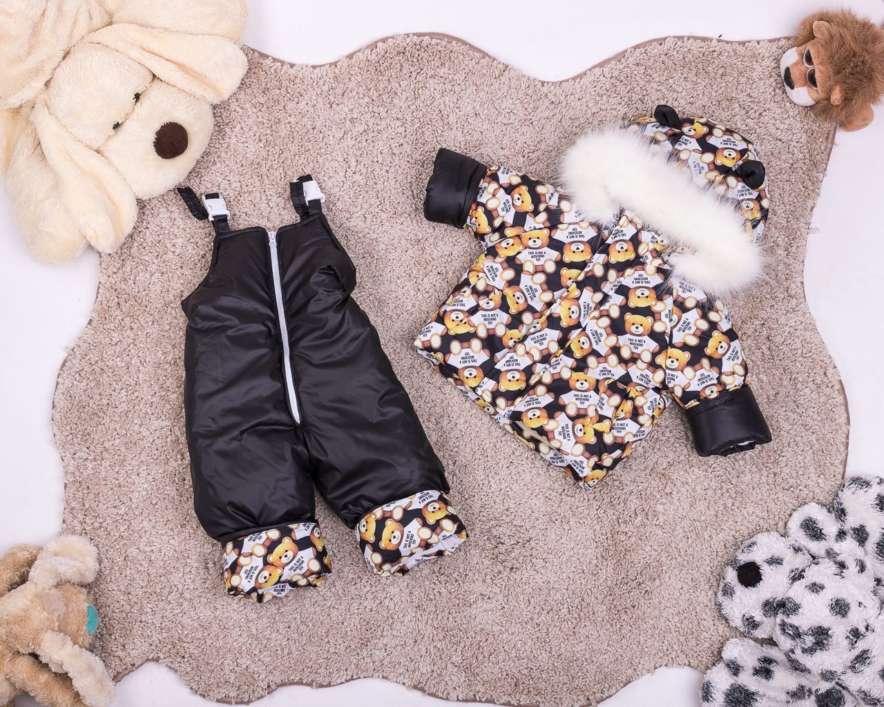 Зимовий дитячий костюм "Вушка" на махрі (курточка+ напівкомбінезон) для хлопчика на 1-4 роки. Коричневий ведмедики