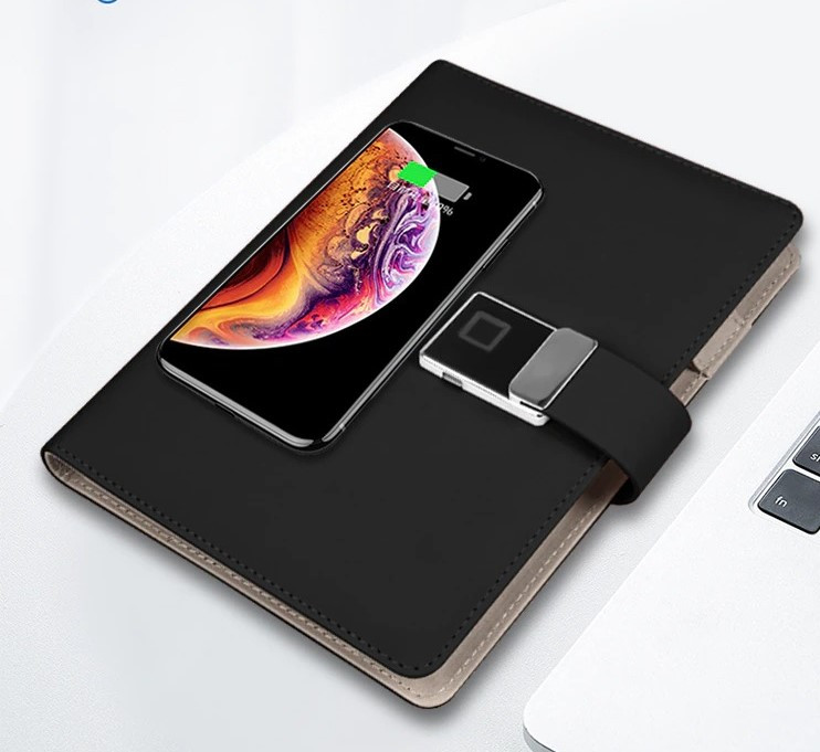 Блокнот із Touch ID відбитком пальця Lockbook багаторазового використання, бездротовою зарядкою й USB-флешкою