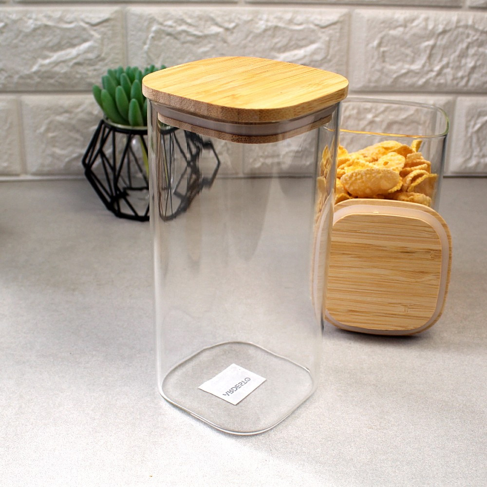 Прямокутна скляна банка для зберігання з бамбуковою кришкою 700 мл Ardesto Fresh, фото 1