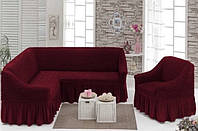 Натяжний чохол на кутовий диван + крісло/Чохол на диван універсальний Туреччина капучіно бордо