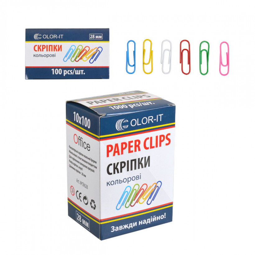 Скріпки кольорові металеві круглі 28мм 100шт/уп арт.CR628, фото 1