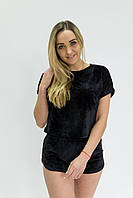 Женская пижама плюшевая велюровая стильная удобная футболка шорты Черная