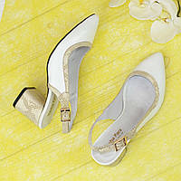 Туфли женские кожаные на устойчивом каблуке. Цвет белый, золотой питон